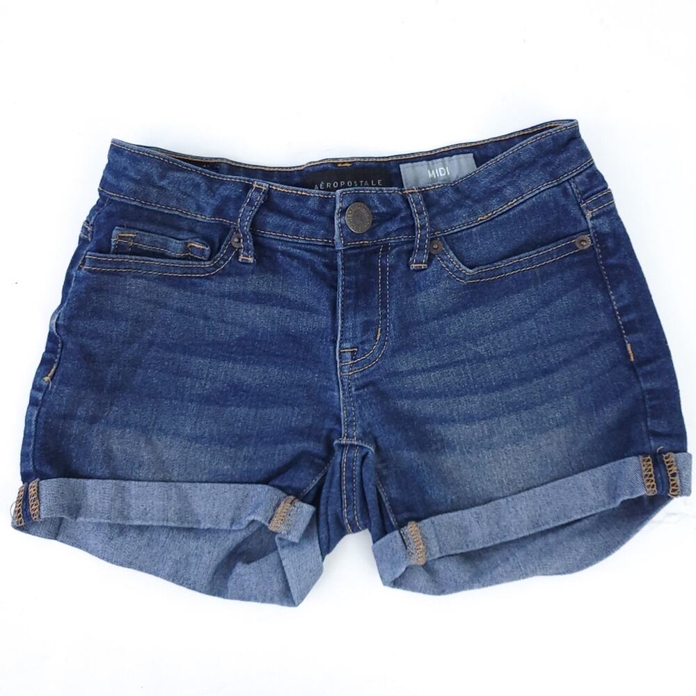 Aeropostale Midi Jean Shorts Size 000 Dark Wash, Rolled Cuff Denim Shorts Summer